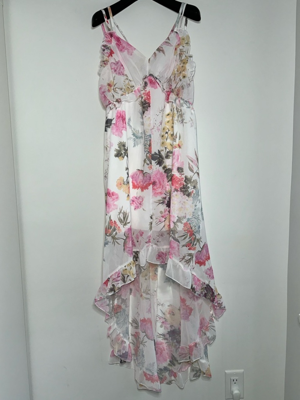 Sheer Floral High-Low Chiffon Dress - Pink & White S